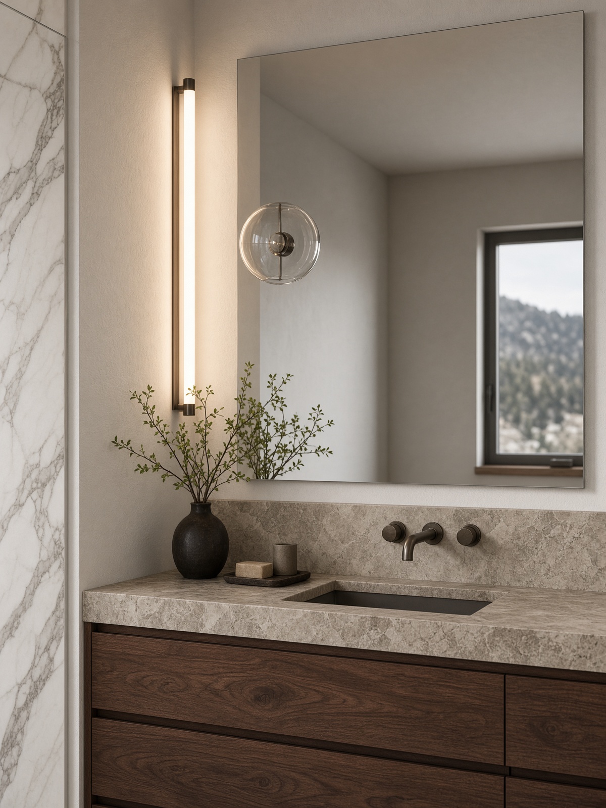Bathroom vanity with a tall warm light beside a frameless mirror