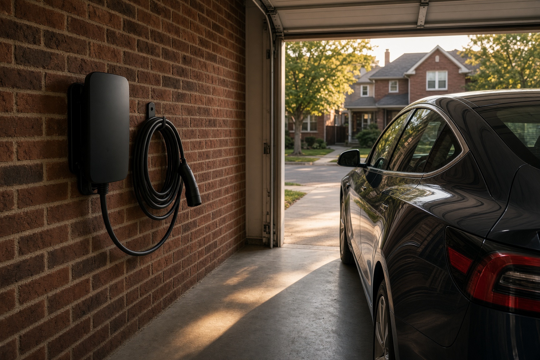 Wall-mounted EV charger in a brick garage beside a dark sedan