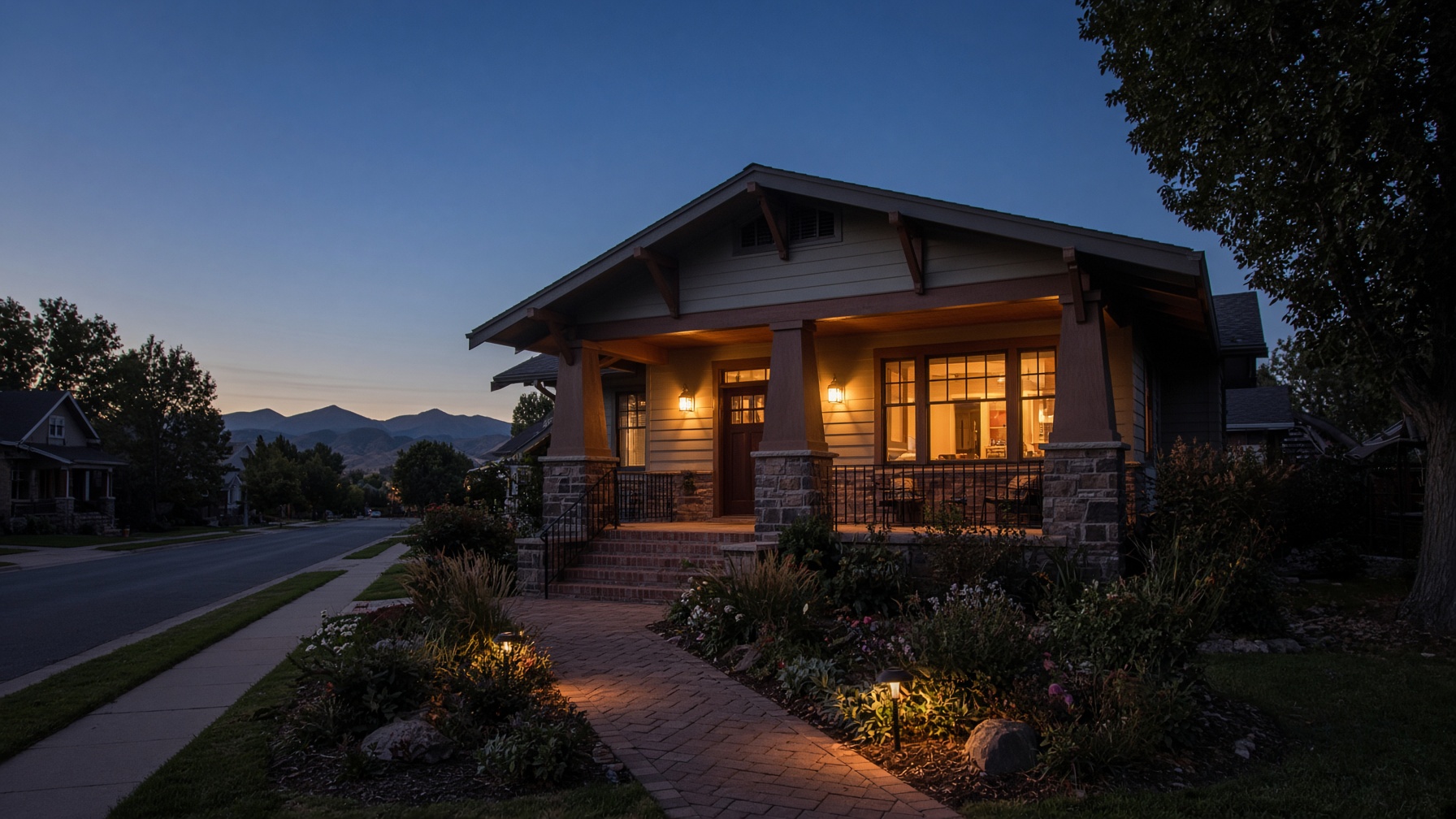 Craftsman house at dusk with porch sconces and path lights