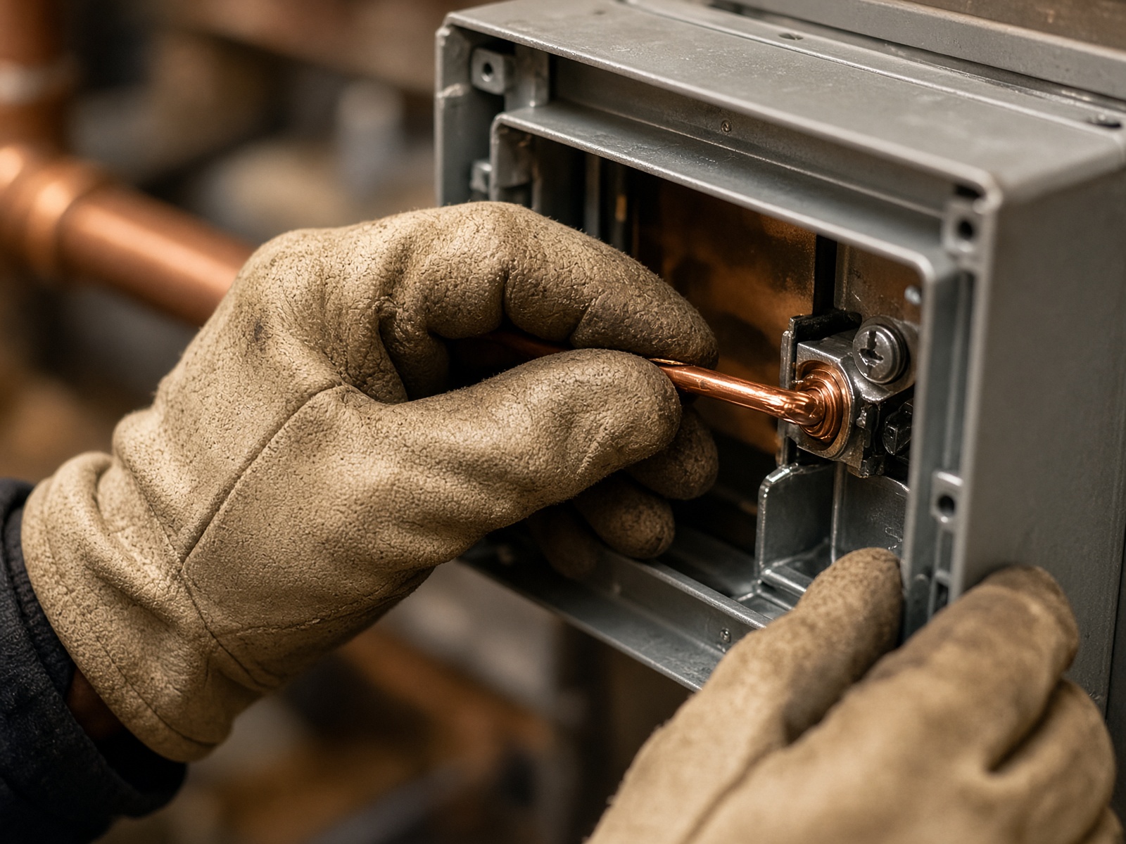 Gloved hands terminating a copper conductor in a metal box