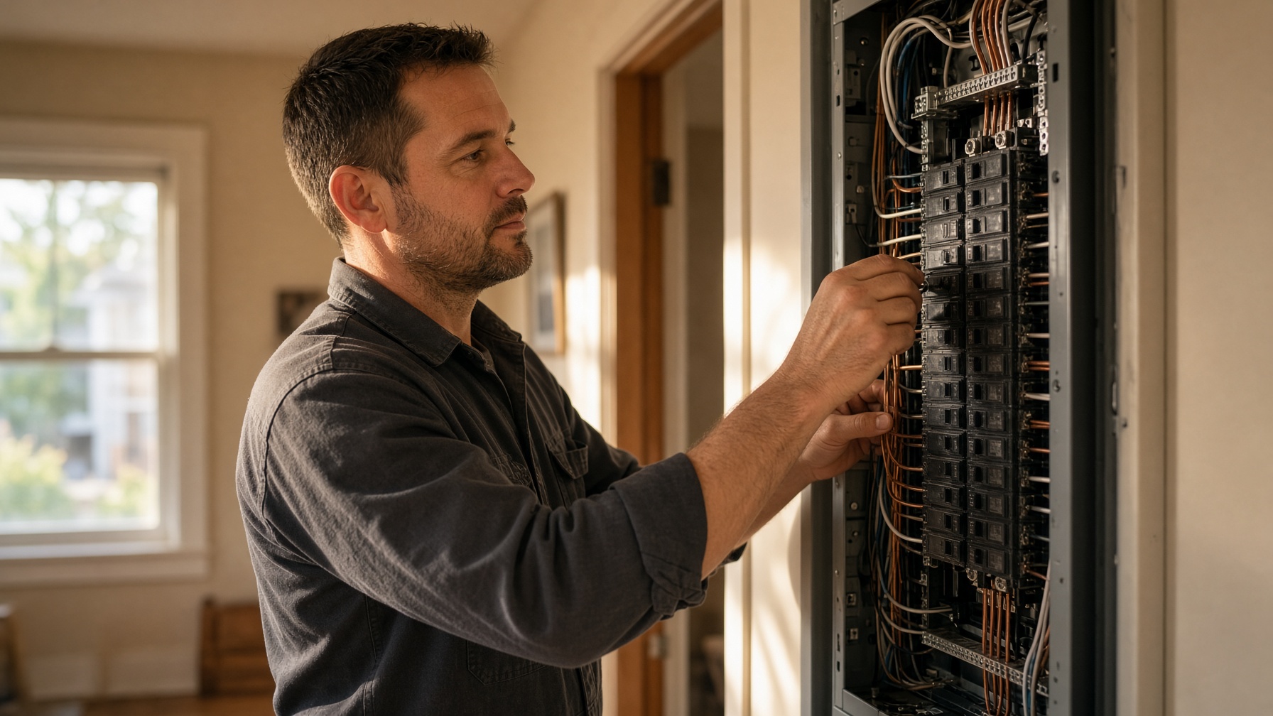Electrician working inside a residential breaker panel in a sunlit Denver home