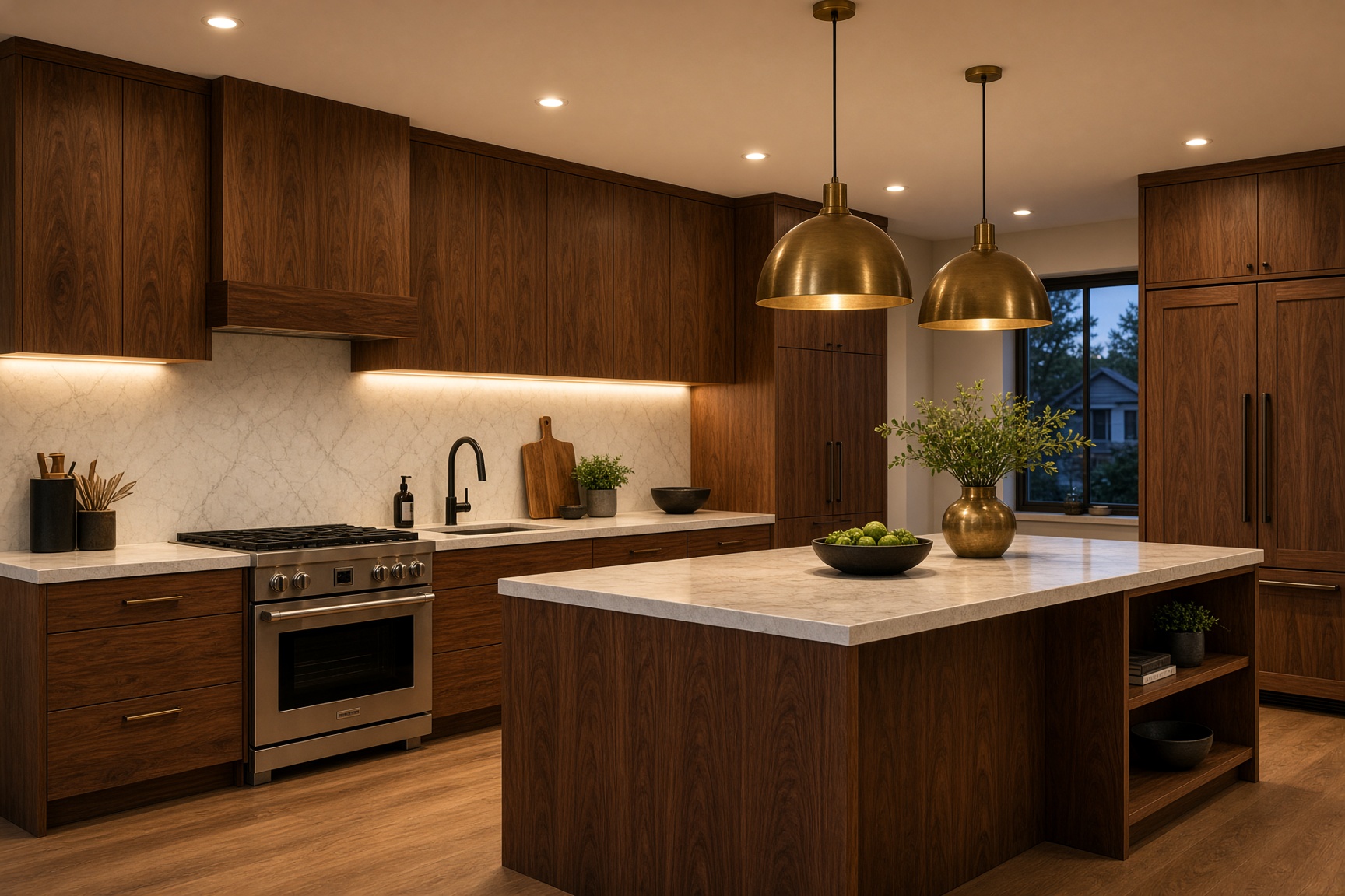 Walnut kitchen with brass pendants and warm under-cabinet light