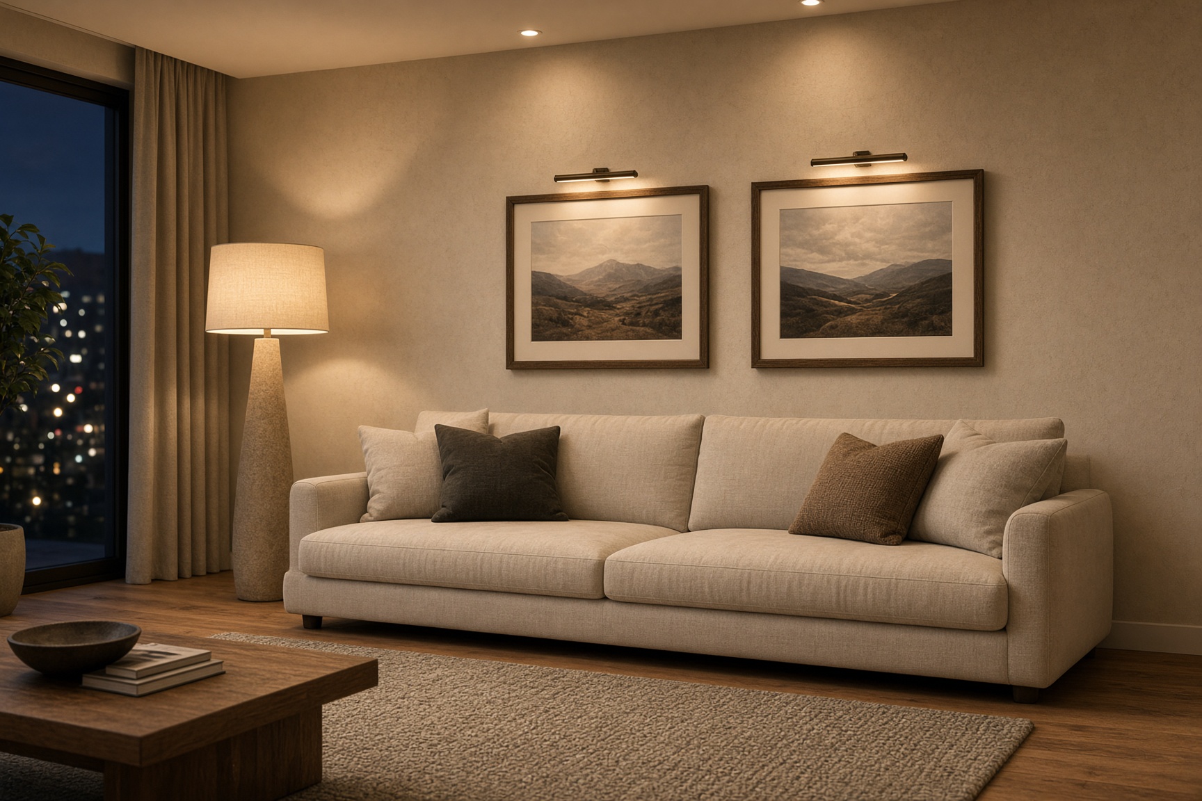 Living room with a floor lamp and picture lights over art
