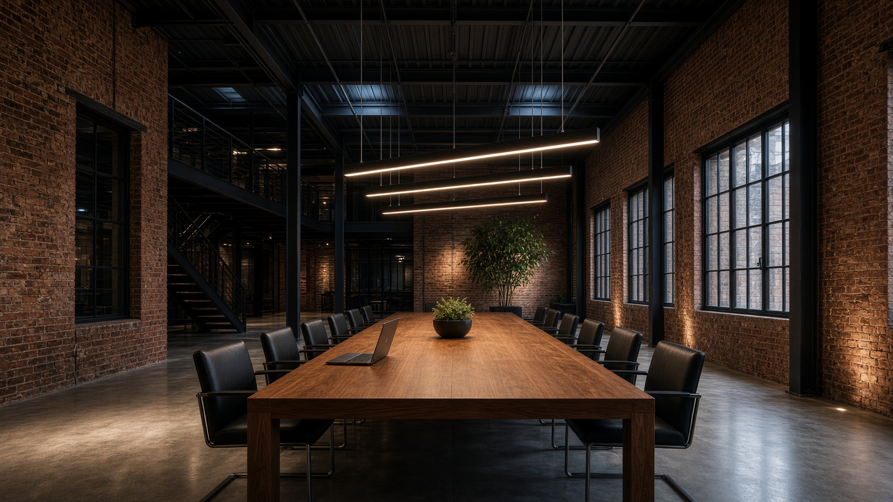 Brick loft with long linear lights over a conference table